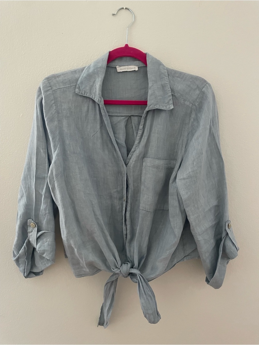 Light Blue Tie-Front Linen Button-Down Shirt